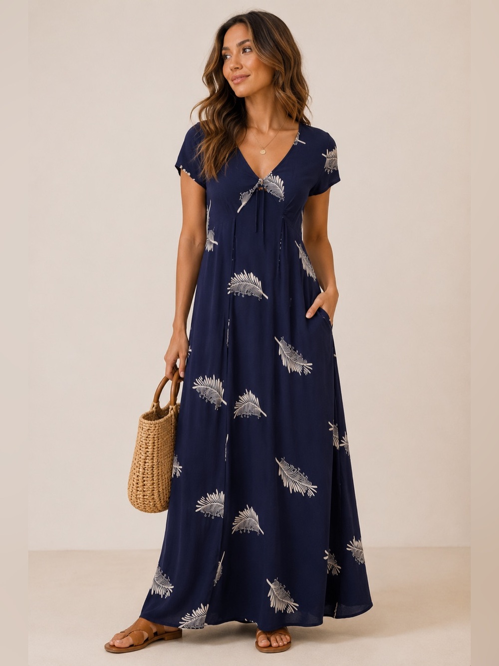 Obey Navy Blue Feather Print Maxi Dress Small 100% Viscose Boho Beach Tie Front